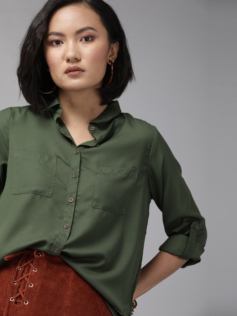 

Roadster Women Green Regular Fit Solid Casual Shirt