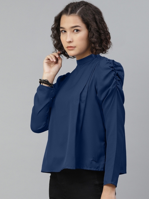 

Roadster Navy Blue Solid High Neck Puff Sleeves Gathered A-line Top