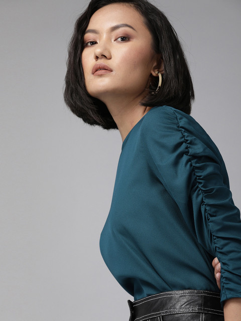 

Roadster Women Teal Blue Solid Sustainable Recycled Poly Regular Top with Gathered Detail