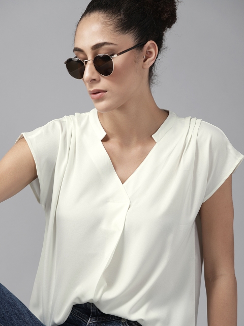 

The Roadster Lifestyle Co White Mandarin Collar Extended Sleeves Regular Top
