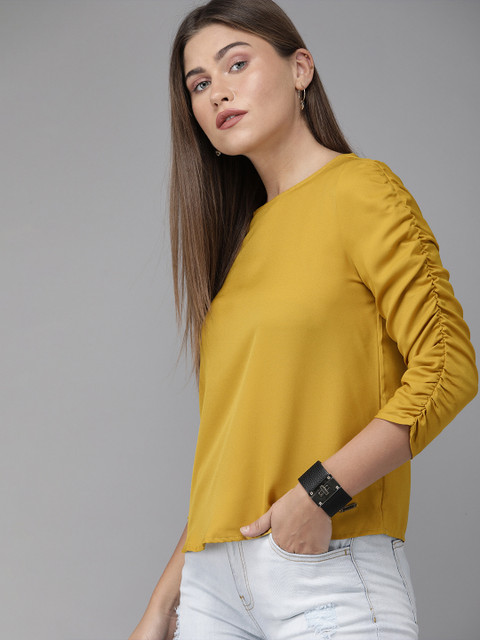 

Roadster Mustard Yellow Solid Gathered Sleeves Top