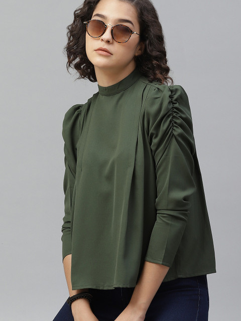 

Roadster Olive Green Solid High Neck Puff Sleeves Gathered A-line Top