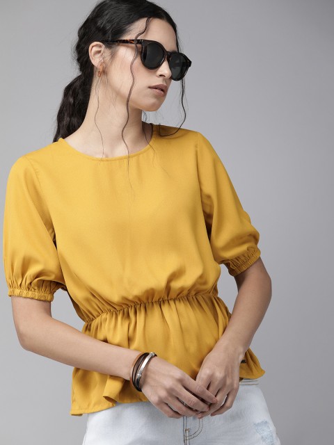 

Roadster Women Mustard Yellow Puff Sleeves A-Line Sustainable Recycled Poly Top