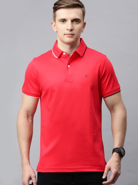 

Tommy Hilfiger Men Coral Red Solid Slim Fit Polo Collar Pure Cotton T-shirt