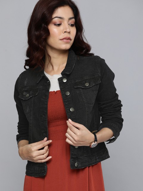 

Mast & Harbour Women Black Washed Distressed Denim Jacket