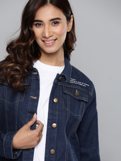 

Mast & Harbour Women Navy Blue Solid Denim Jacket with Printed Detail