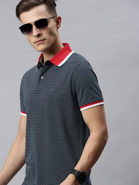 

Tommy Hilfiger Men Navy Blue & White Slim Fit Printed Polo Collar T-shirt