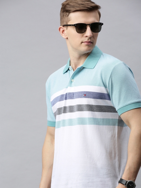 

Tommy Hilfiger Men Blue & White Striped Polo Collar T-shirt