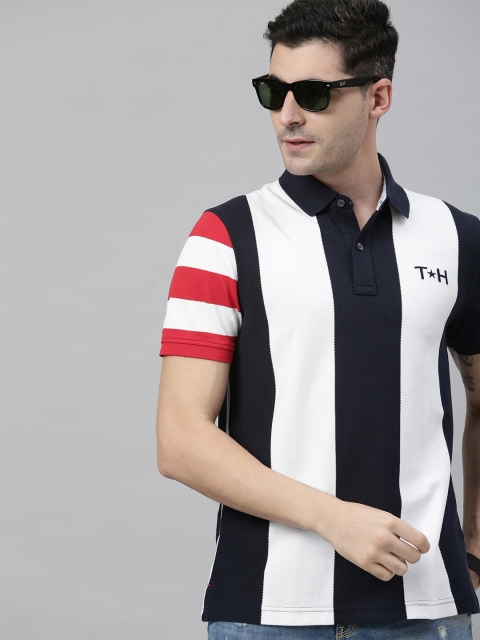 

Tommy Hilfiger Men Navy Blue & White Striped Polo Collar T-shirt