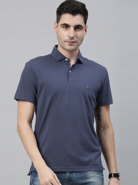 

Tommy Hilfiger Men Navy Blue Ditsy Printed Polo Collar Pure Cotton T-shirt