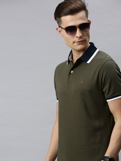 

Tommy Hilfiger Men Olive Green Printed Polo Collar T-shirt