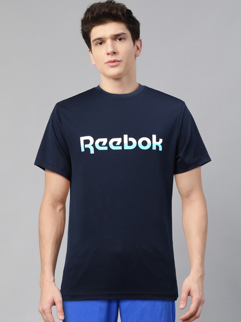 

Reebok Men Navy Blue Slim Fit Brand Logo Graphic Print Training T-shirt