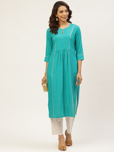 

MIRA Women Turquoise Blue & Off-White Printed Kurta with Trousers