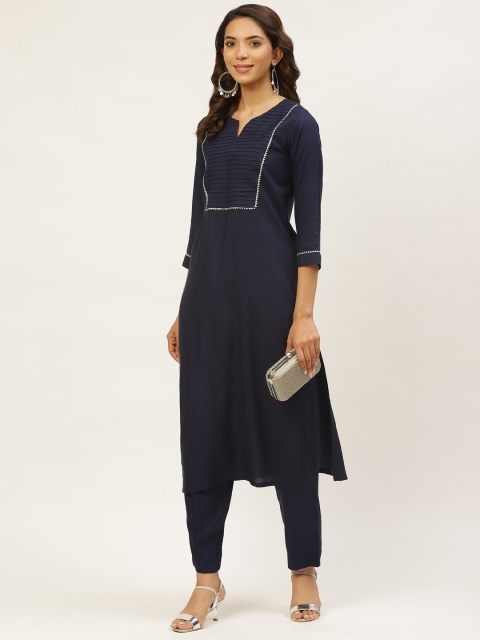 

MIRA Women Navy Blue Yoke Design Kurta with Trousers