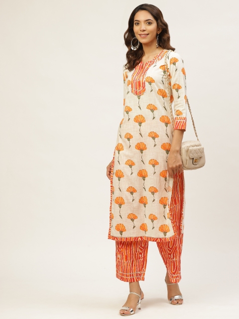 

MIRA Women Off-White & Orange Floral Print Kurta with Palazzos
