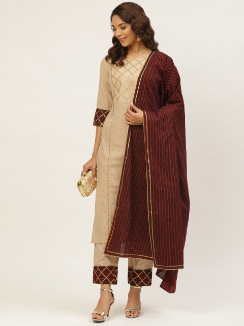 

MIRA Women Beige & Burgundy Yoke Design Kurta with Trousers & Dupatta