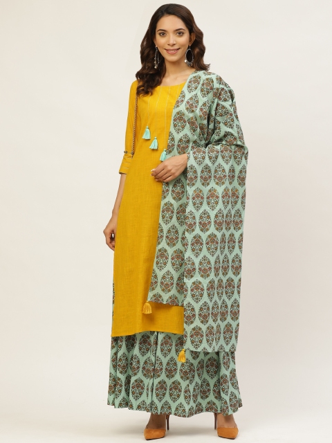 

MIRA Women Mustard Yellow & Sea Green Yoke Design Kurta with Palazzos & Dupatta