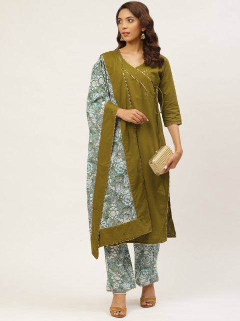 

MIRA Women Olive Green & White Solid Angrakha Kurta with Palazzos & Dupatta
