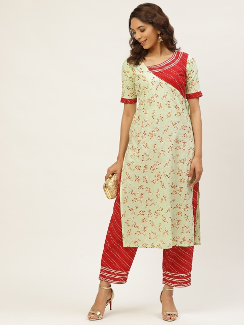 

MIRA Women Sea Green & Red Floral Print Angrakha Kurta with Palazzos