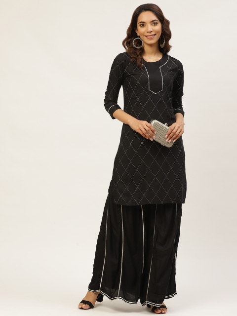 

MIRA Women Black & Silver Printed Gota Patti Work Kurta with Sharara