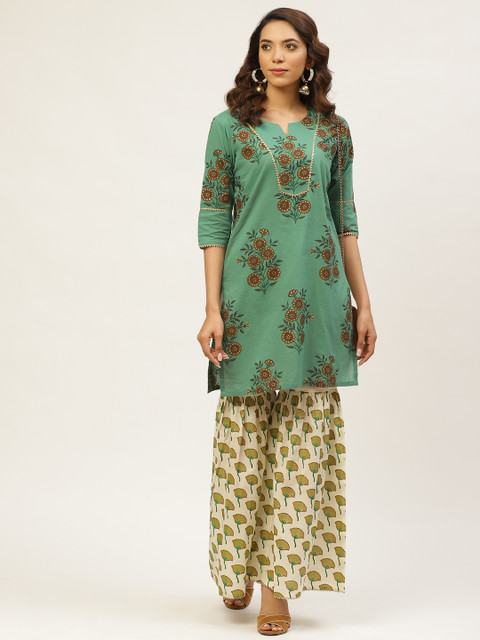 

MIRA Women Green & Off-White Printed Kurta with Sharara