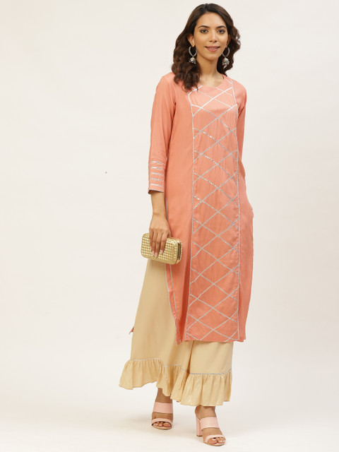 

MIRA Women Pink & Beige Gotta Patti Embellished Kurta with Palazzos