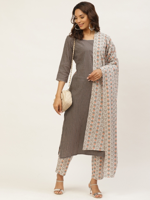 

MIRA Women Grey & Off-White Striped Kurta with Trousers & Dupatta