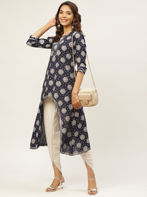 

MIRA Women Navy Blue & White Printed Kurta with Dhoti Pants