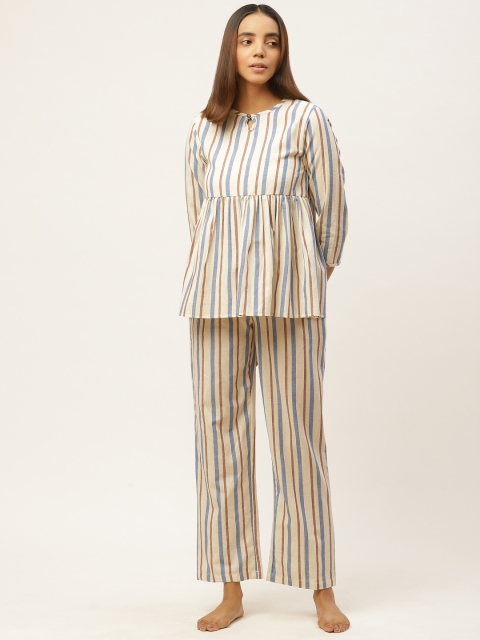 

Cottinfab Women Beige & Blue Multi-Striped Night suit