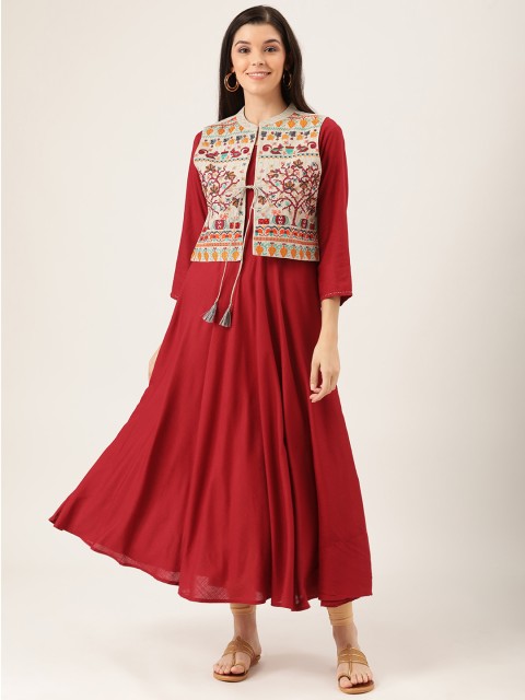 

Prakrti Women Maroon Solid A-Line Kurta With Embroidered Jacket