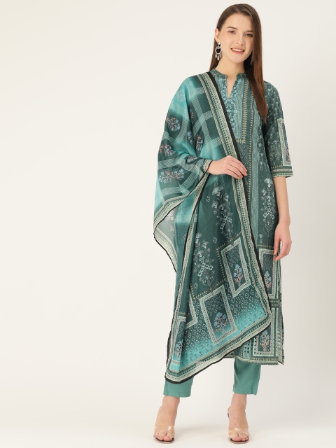 

Prakrti Women Green & Off-White Schiffli Embroidered Kurta with Trousers & Dupatta