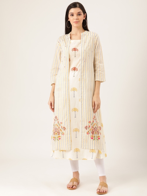 

Prakrti Women Off-White & Mustard Yellow Tropical Printed A-Line Kurta With Striped Jacket