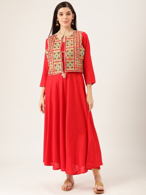 

Prakrti Women Red A-Line Asymmetric Kurta With Embroidered Jacket