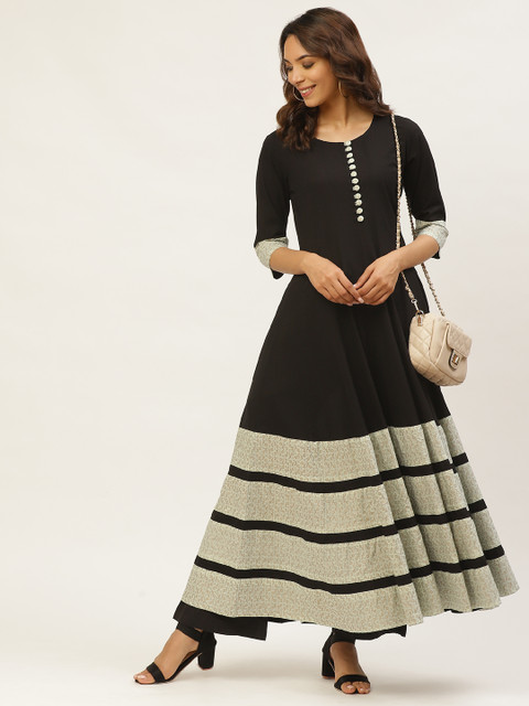 

MIRA Women Black & Sea Green Stripe Patchwork Anarkali Kurta