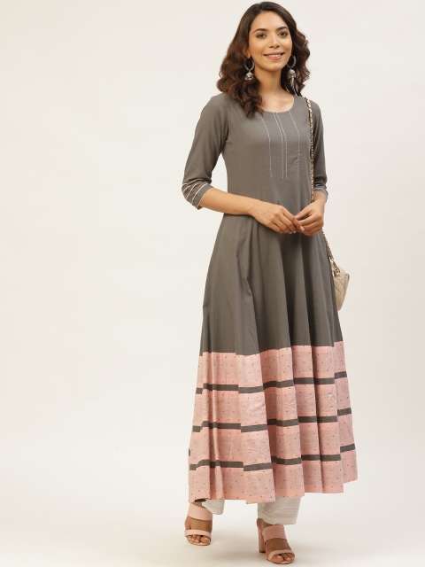 

MIRA Women Grey & Pink Stripe Patchwork Anarkali Kurta