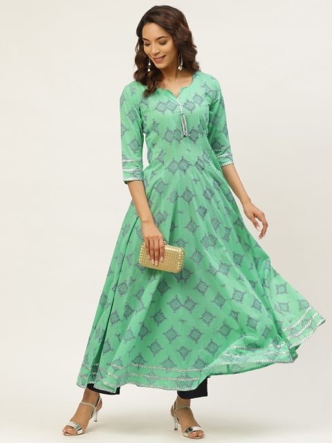 

MIRA Women Green & Navy Blue Block Print Anarkali Kurta
