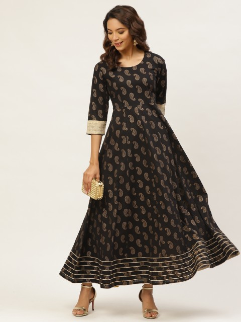 

MIRA Women Black & Golden Block Paisley Print Anarkali Kurta