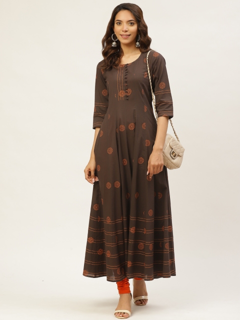 

MIRA Women Charcoal Grey & Orange Block Print Anarkali Kurta