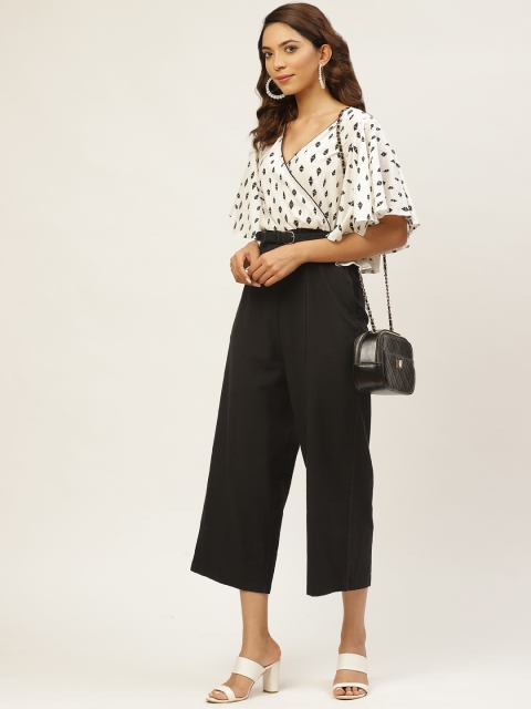 

MIRA Women Off-White & Black Printed Cropped Basic Wrap Jumpsuit