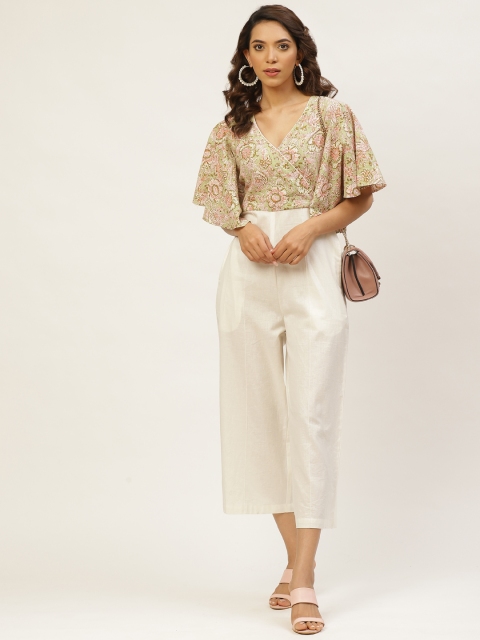 

MIRA Women Off-White & Green Printed Cropped Basic Wrap Jumpsuit