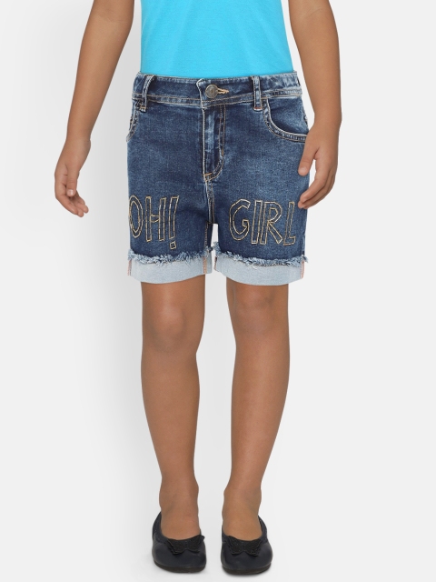 

UNDER FOURTEEN ONLY Girls Navy Blue Embellished Regular Fit Denim Shorts