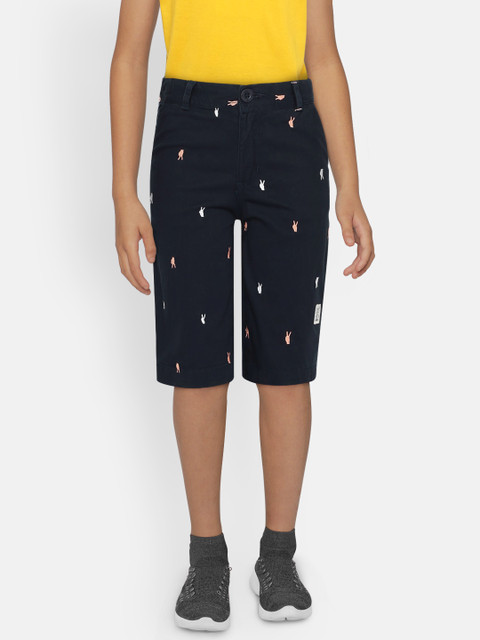 

UNDER FOURTEEN ONLY Boys Navy Blue Self Design Regular Fit Embroidered Three-Fourth Shorts