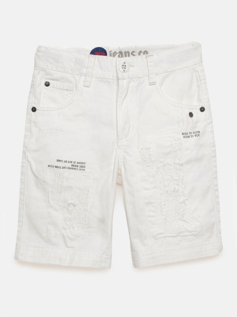 

UNDER FOURTEEN ONLY Boys White Printed Regular Fit Distressed Denim Shorts