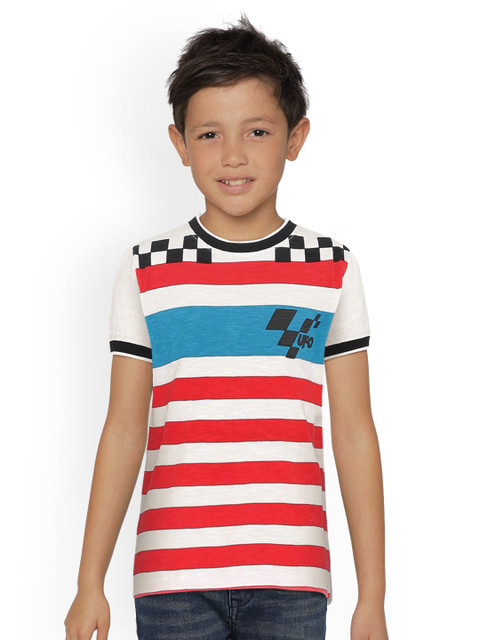 

UNDER FOURTEEN ONLY Boys White & Red Striped Round Neck T-shirt