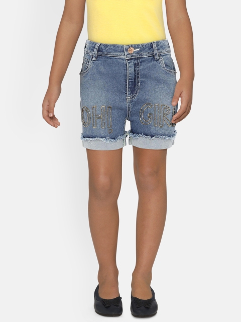 

UNDER FOURTEEN ONLY Girls Blue Embellished Regular Fit Denim Shorts