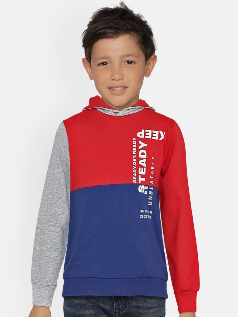 

UNDER FOURTEEN ONLY Boys Red & Navy Blue Colourblocked Hooded Sweatshirt