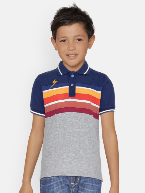 

UNDER FOURTEEN ONLY Boys Grey And Blue Striped Polo Collar T-shirt