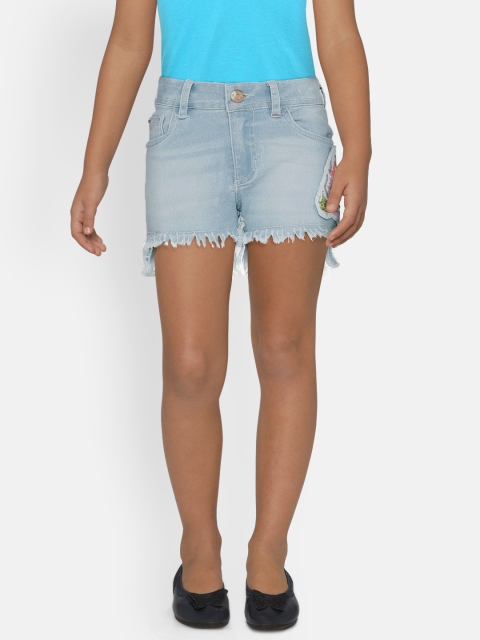 

UNDER FOURTEEN ONLY Girls Blue Self Design Regular Fit Embroidered Denim Shorts