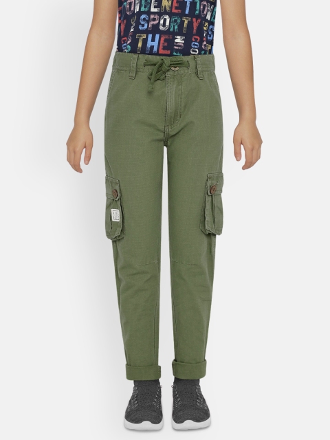 

UNDER FOURTEEN ONLY Boys Olive Green Regular Fit Solid Cargos