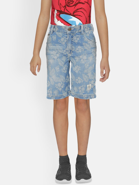 

UNDER FOURTEEN ONLY Boys Blue Printed Regular Fit Denim Shorts